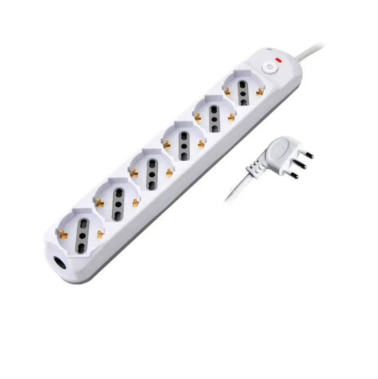 Korting Ciabatta multipla bianca con pulsante, 6 posizioni schuko bipasso 10/16A, spina 90° 16A 2P+T cavo 1,5mt 26998