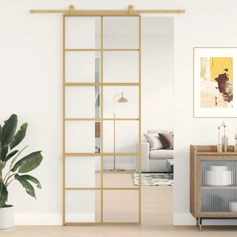 Uitverkoop vidaXL Porta Scorrevole Dorata 76x205 Vetro Trasparente ESG Alluminio