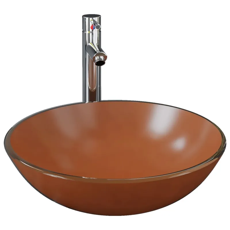 Koop Online vidaXL Lavandino con Rubinetto e Piletta in Vetro Temperato Marrone