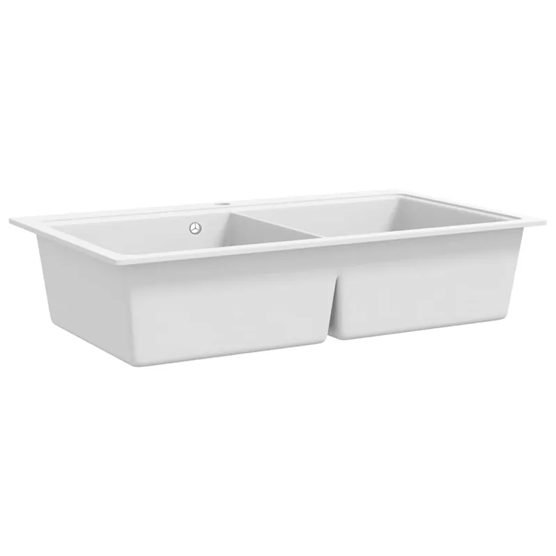 Express Levering Lavandino cucina granito bianco lavello doppio montaggio sopra