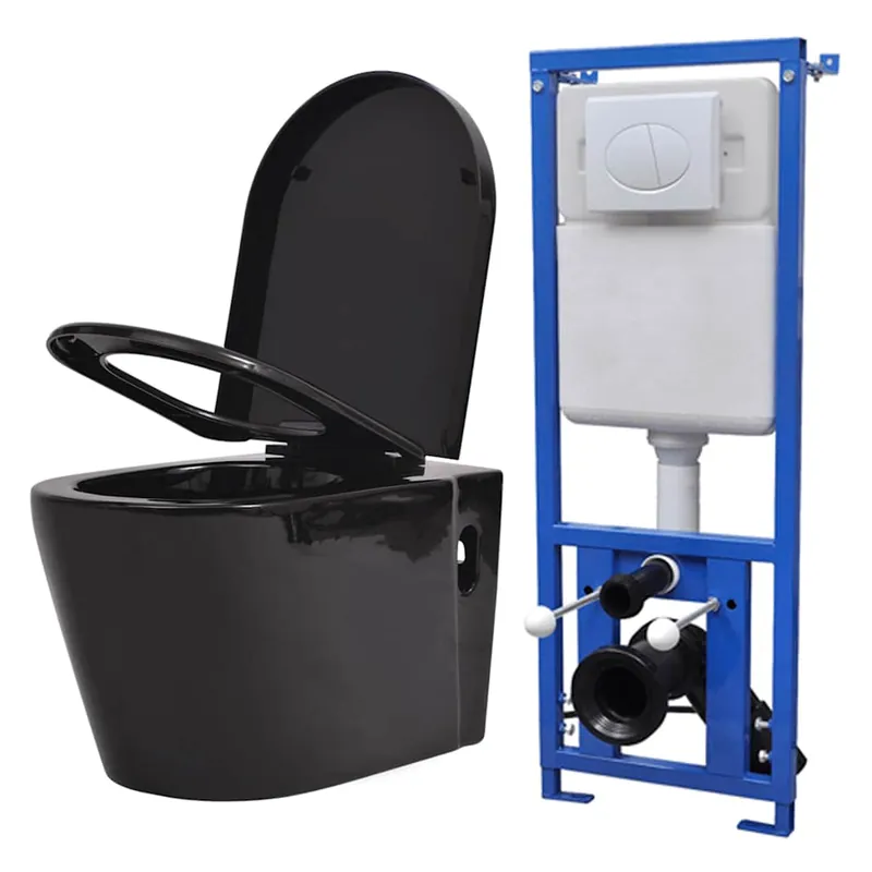 vidaXL WC a Muro con Sciacquone Nascosto in Ceramica Nera Op = Op