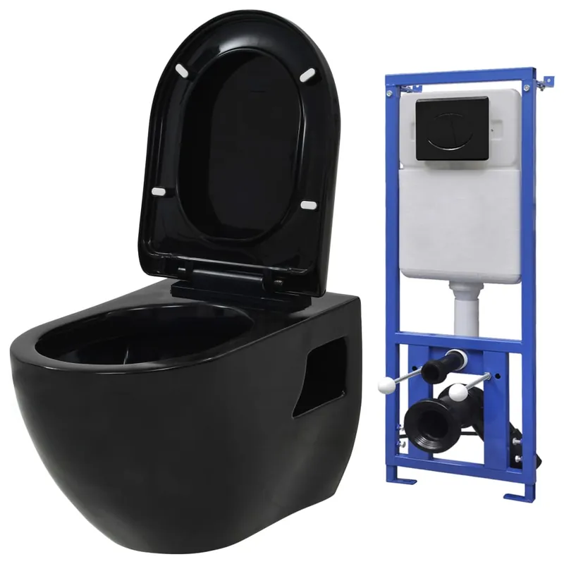 vidaXL WC a Muro con Sciacquone Nascosto in Ceramica Nera Laatste Kans