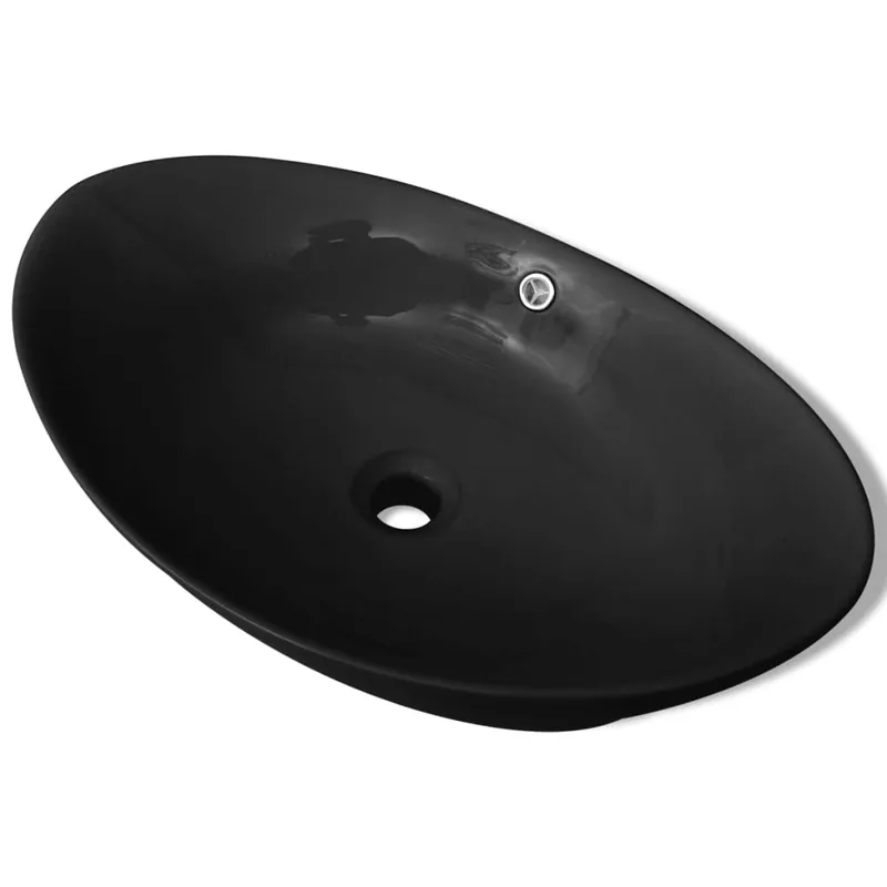 Koop Vandaag vidaXL Lavello Ovale in Ceramica di Lusso Nero Troppopieno 59x38,5 cm