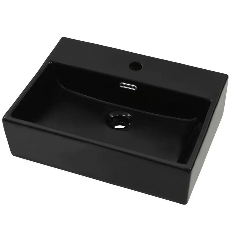Hete Deal vidaXL Lavandino con Foro Rubinetto in Ceramica Nero 51,5x38,5x15 cm
