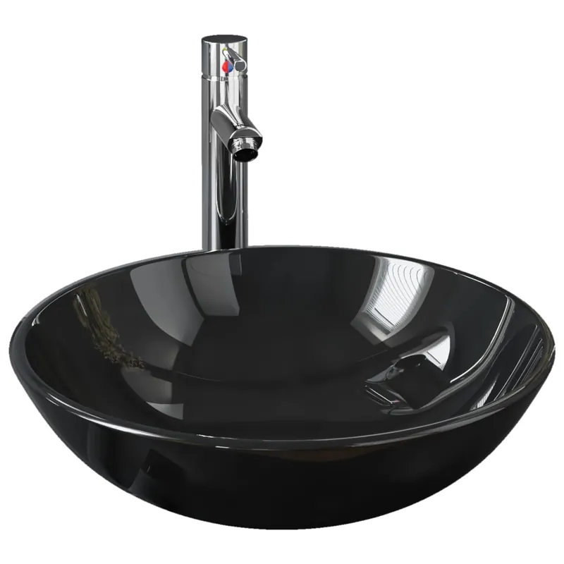 Bestel Nu vidaXL Lavandino Bagno con Rubinetto e Piletta in Vetro Temperato Nero