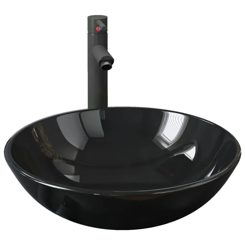 vidaXL Lavandino Bagno con Rubinetto e Piletta in Vetro Temperato Nero Nu Kopen