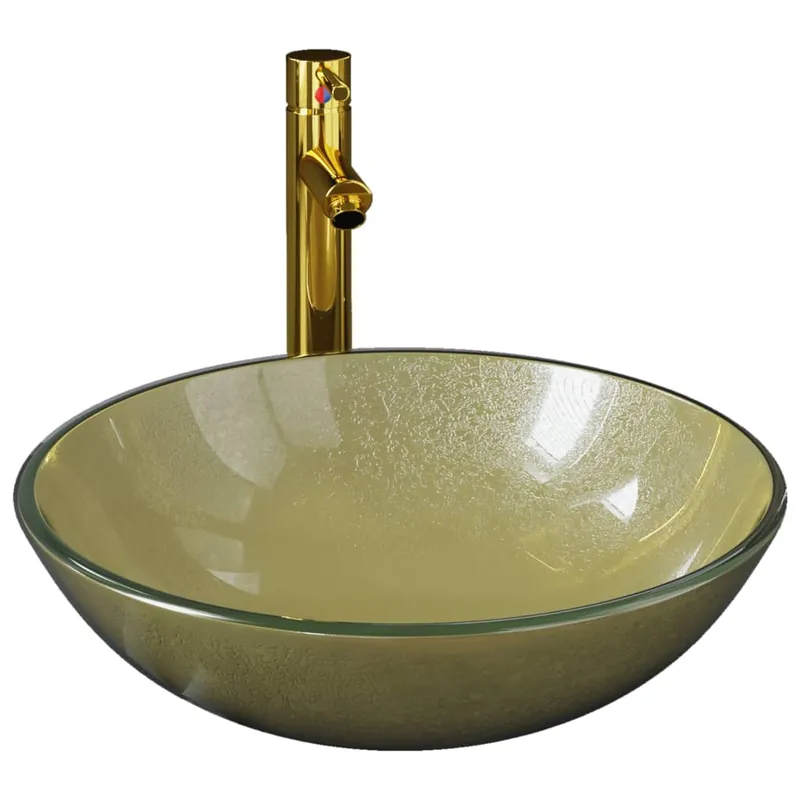 vidaXL Lavandino Rubinetto e Piletta a Pressione Vetro Temperato Oro Shop Nu