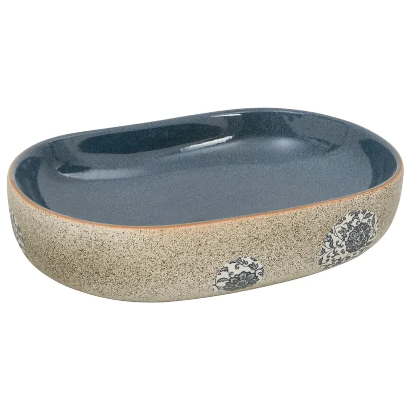 Snelle Levering vidaXL Lavabo da Appoggio Sabbia e Blu Ovale 59x40x14 cm Ceramica
