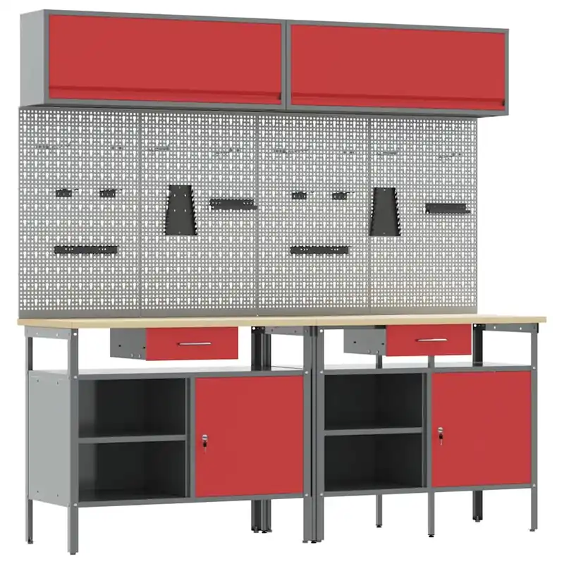 vidaXL Set banco da lavoro con cassetto 8 pcs Rosso e Grigio Snelle Levering