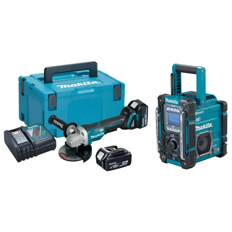 Aanbieding MAKITA Smerigliatrice angolare brushless 125 mm con 2 batterie 5,0 ah li-ion dga508rtj + radio bluetooth dmr108 makita