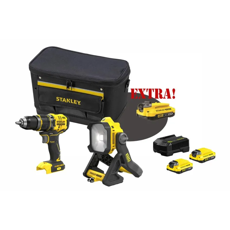 Alleen Vandaag STANLEY Kit trapano avvitatore con percussione brushless a batteria 18v v20 sfmcd721b + lampada led da cantiere 18v v20 sfmcl030b + set energia + extra omaggi fatmax® stanley