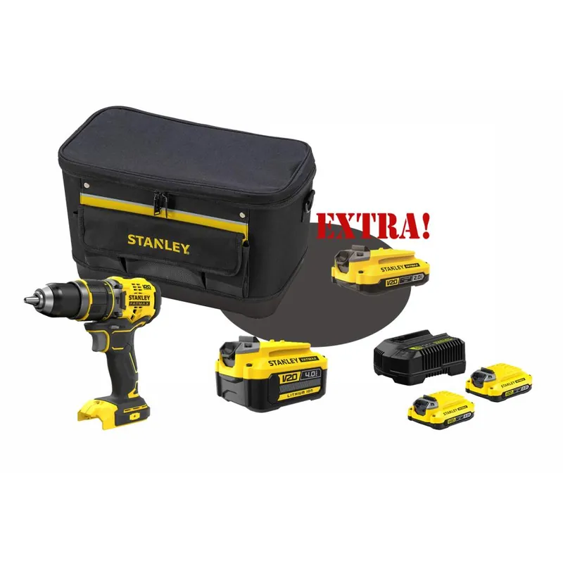 Bestel Nu STANLEY Kit trapano avvitatore con percussione brushless a batteria 18v v20 sfmcd721b + batteria al litio 18 volt li-ion 4.0 ah v20 sfmcb204 + set energia + extra omaggi fatmax® stanley