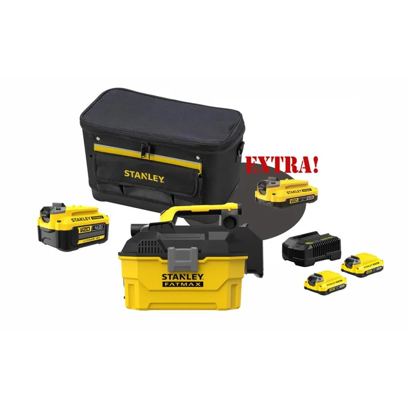 Voordeelprijs STANLEY Kit aspiratore per solidi e liquidi a batteria 18v sfmcv002b v20 + batteria al litio 18 volt li-ion 4.0 ah v20 sfmcb204 + set energia + extra omaggi fatmax® stanley®
