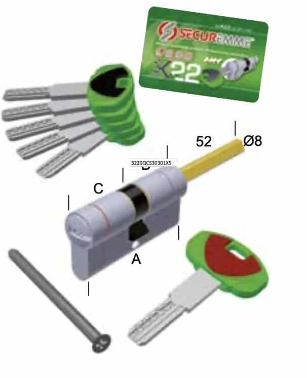 Cilindro con codolo profilo europeo frizionato C3040CS Ad-Point Securemme per porta, lunghezza 70 mm (P30-40 mm), 5 chiavi + 1 cantiere, finitura Cromo Satinato Actieprijs