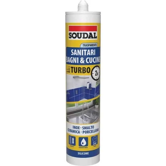 Silicone Sanitari Bagni e Cucine Turbo Soudal per ambienti umidi, acetico, cartuccia 300 ml, finitura Trasparente Koopje