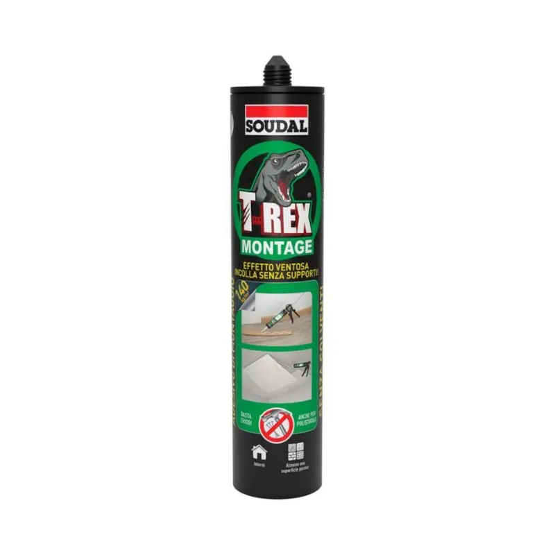 Sigillante T-Rex Montage Soudal per fissaggio di carichi pesanti, effetto ventosa, polimero SMX, cartuccia 380 gr, colore Bianco Beperkt Aanbod
