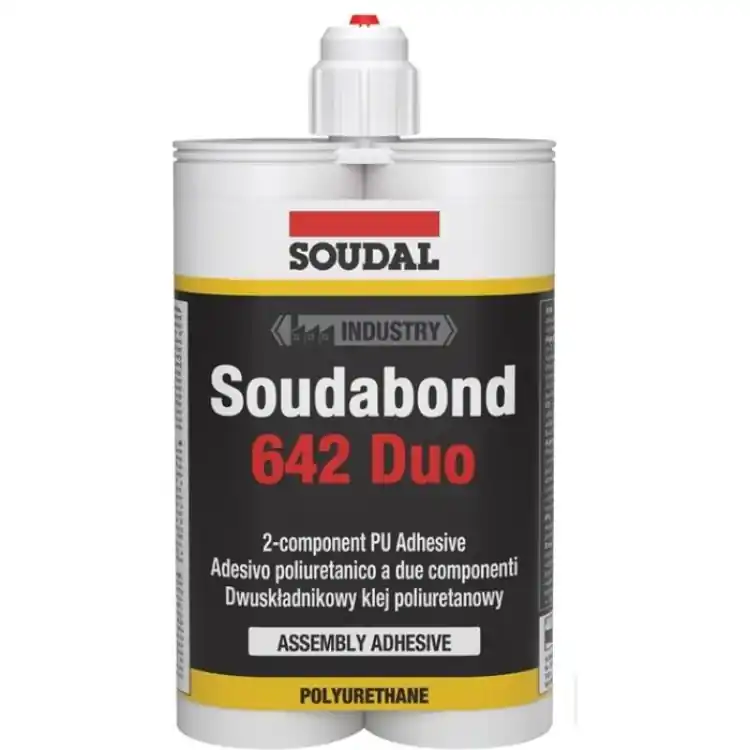 Adesivo Soudabond 642 Duo Soudal per incollaggio angoli di collegamento, bicomponente, 2 cartucce da 300 ml, finitura Beige Laatste Kans