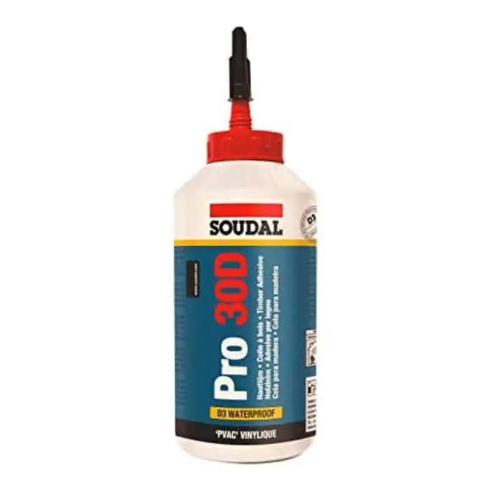 Adesivo PRO 30D Soudal per legno D3, resistente a acqua, flacone 750 g, colore Bianco Beperkte Voorraad