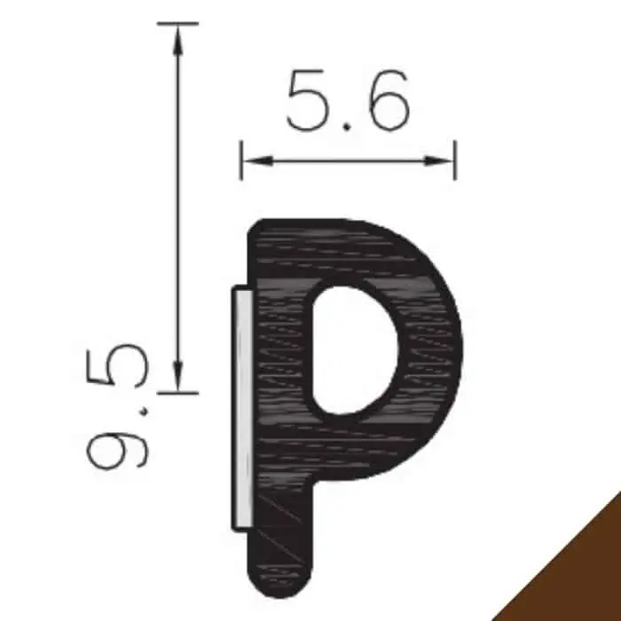 Direct Beschikbaar Guarnizione gomma adesiva tipo P PB024 Roverplastik, spessore 5,6 mm, larghezza 9,5 mm, rotolo da 24 mt, finitura Marrone