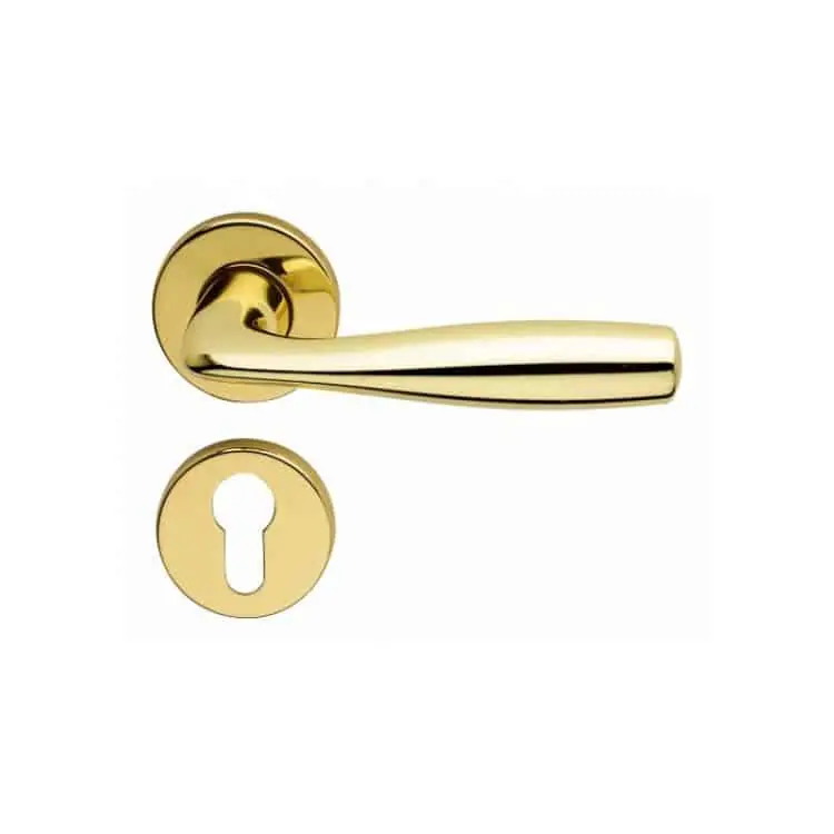 Maniglia Shark per porta interna, rosetta e bocchetta tonda foro Yale, quadro 8 mm, Zalor finitura Oro Lucido Ghi.co Alleen Vandaag