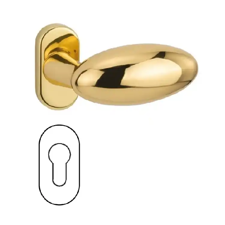 Maniglia Entry 348 MR 916 Reguitti per porta, rosetta e bocchetta ovale 62x32 mm, foro Yale, Ottone finitura Lucido Laatste Kans