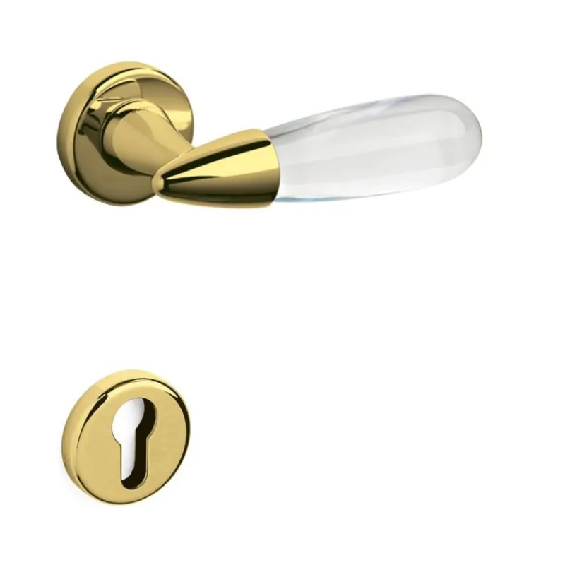 Beste Prijs Maniglia Aurora Olivari per porta, rosetta e bocchetta tonda 47x10 mm, foro Yale, Ottone finitura SuperOro Lucido, Vetro Trasparente