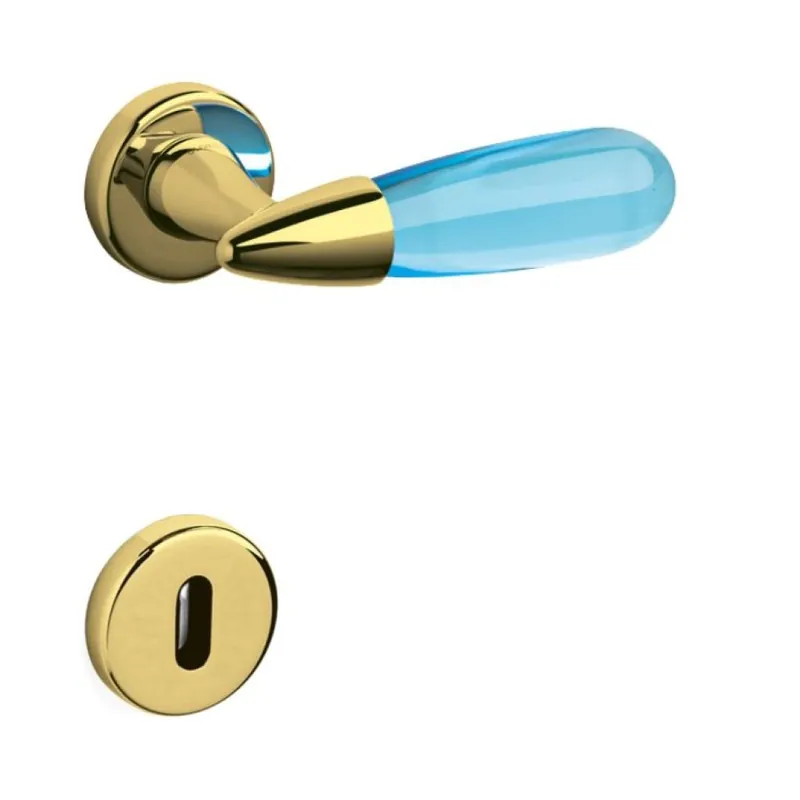 Alleen Vandaag Maniglia Aurora Olivari per porta, rosetta e bocchetta tonda 47x10 mm, foro Patent, Ottone finitura SuperOro Lucido, Vetro Azzurro Trasparente