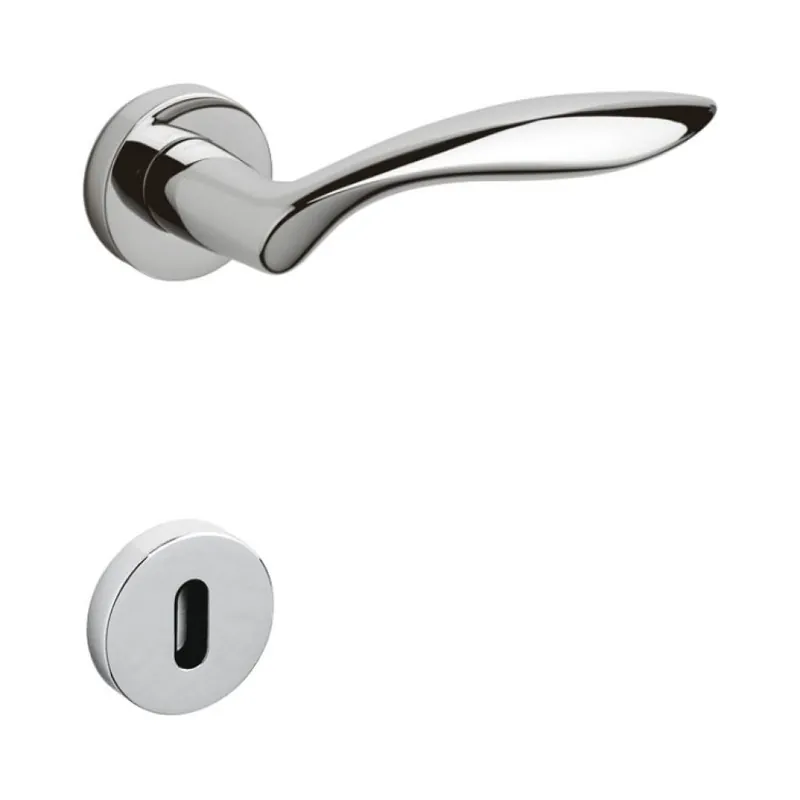 Maniglia Onda Olivari per porta, rosetta e bocchetta tonda 47x10 mm, foro Patent, Ottone finitura Cromo Lucido Bestel Nu