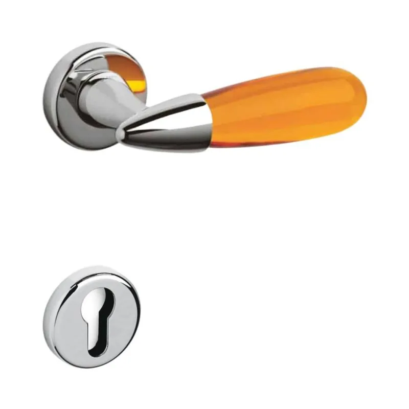 Beste Prijs Maniglia Aurora Olivari per porta, rosetta e bocchetta tonda 47x10 mm, foro Yale, Ottone finitura Cromo Lucido, Vetro Ambra Trasparente