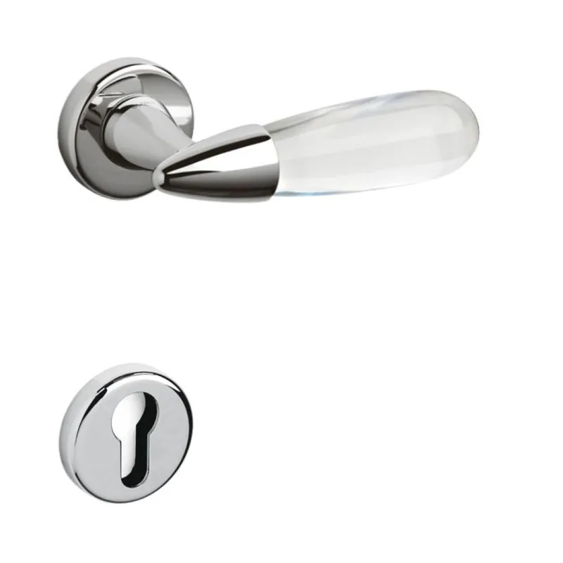 Maniglia Aurora Olivari per porta, rosetta e bocchetta tonda 47x10 mm, foro Yale, Ottone finitura Cromo Lucido, Vetro Trasparente Premium
