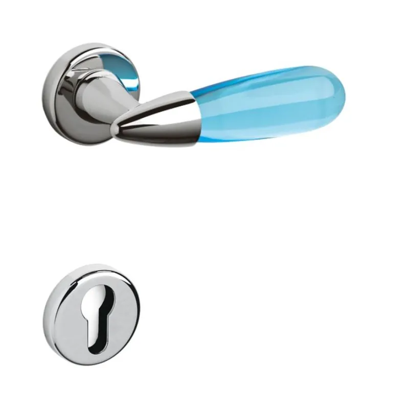 Voordeelprijs Maniglia Aurora Olivari per porta, rosetta e bocchetta tonda 47x10 mm, foro Yale, Ottone finitura Cromo Lucido, Vetro Azzurro Trasparente