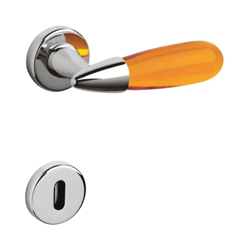 Maniglia Aurora Olivari per porta, rosetta e bocchetta tonda 47x10 mm, foro Patent, Ottone finitura Cromo Lucido, Vetro Ambra Trasparente Koop Online