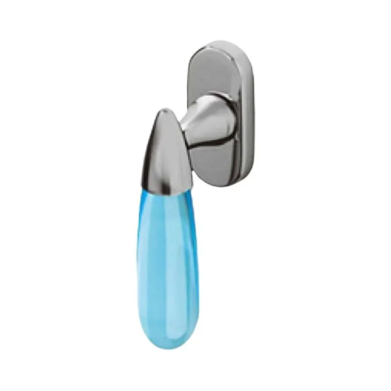Maniglia martellina Dk Aurora Olivari per serramento, lunghezza quadro 7x42 mm, Ottone finitura Cromo Lucido, Vetro Azzurro Trasparente Snelle Levering