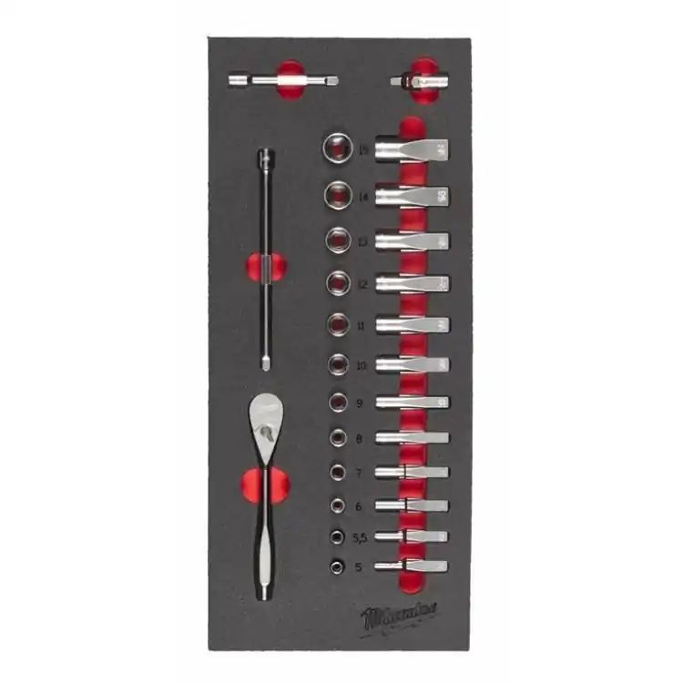 Weekendaanbieding Set cricchetto e bussole Milwaukee, attacco da 1/4 pollici, in modulo morbido, 28 inserti, misure bussole da 5 a 15 mm