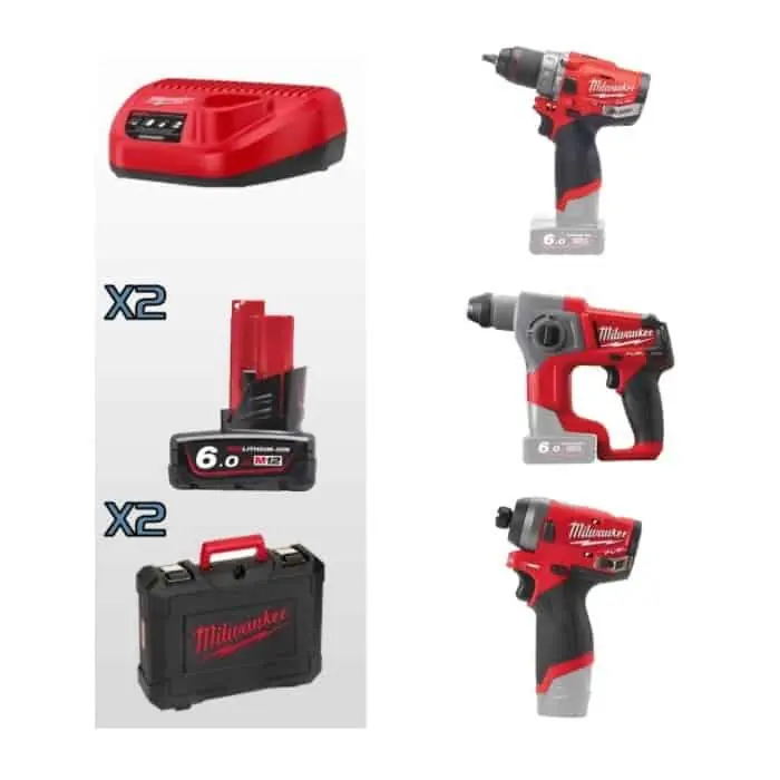 Aanbieding Kit Trapano percussione M12 Fuel Milwaukee, tassellatore SDS-Plus M12 Fuel, avvitatore impulsi M12 Fuel, 12 V