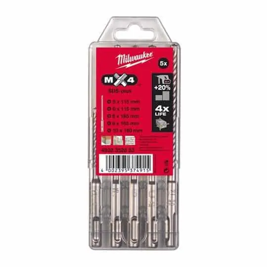 Set con 5 punte Widia Milwaukee per foratura calcestruzzo, serie SDS-Plus MX4, con 4 taglienti al carburo Fabrieksprijs