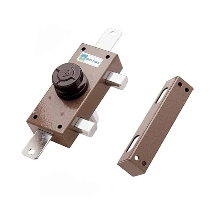 Serratura Ferroglietto 34.329 SBC Mottura, triplice con pompa esterna 50x30 mm, interno con pomolo autobloccante, finitura Verniciato Simil Bronzo Nieuw