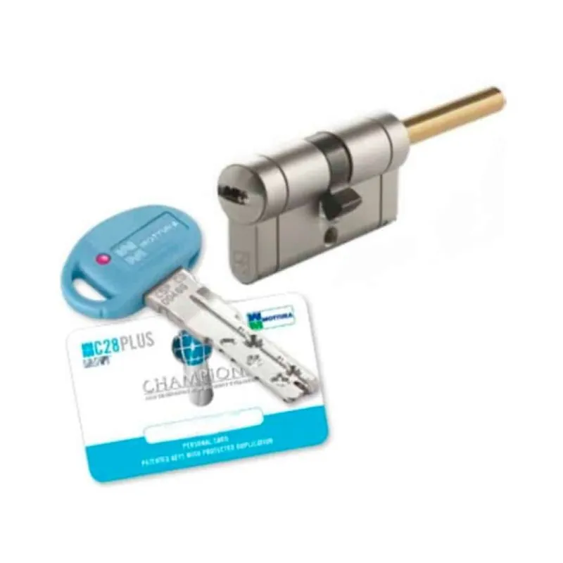 Cilindro sicurezza porta Champions C28Plus Mottura, chiave-pomolo regolabile, lunghezza 67 36+31 mm, finitura Nichelato Laatste Kans