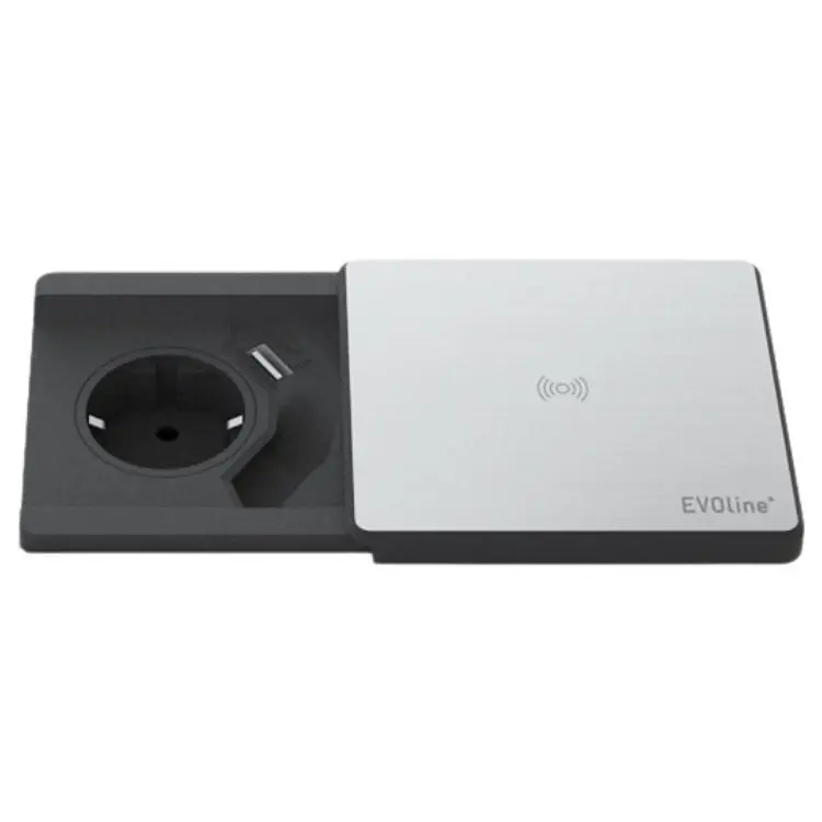 Caricatore da tavolo Wireless a scomparsa EVOline Square 80, a incasso, presa Shuko e USB type A, finitura effetto Acciaio Beperkte Voorraad