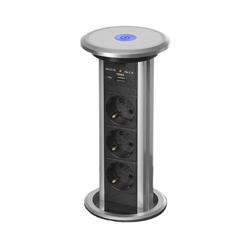 Torretta multipresa verticale motorizzata Ekotech per piani a scomparsa, a incasso, 3 prese Shuko e 2 USB, Alluminio finitura Grigio Argento, Vetro Temprato Betaalbaar