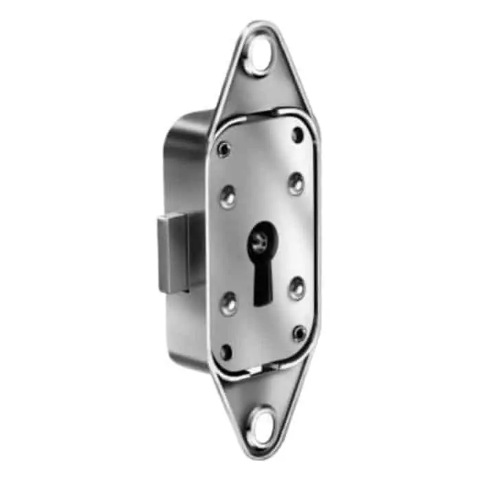 Serratura da applicare M85 Meroni per aste da mobile, fissaggio a vite, dimensioni 44x27 mm, finitura Nichelato Snelle Levering