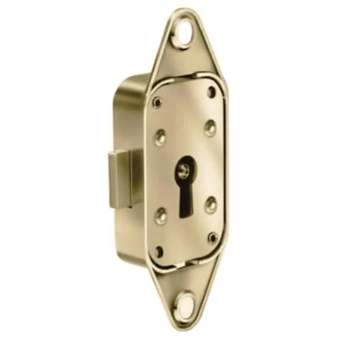 Op = Op Serratura da applicare M85 Meroni per aste da mobile, fissaggio a vite, dimensioni 44x27 mm, finitura Ottonato