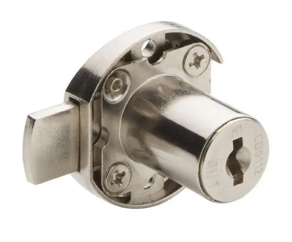 Serratura da applicare Screw On Lock Meroni per mobile, serie 2631, cilindro 20 mm, con chiave M1 diversa, finitura Nichelato Koopje