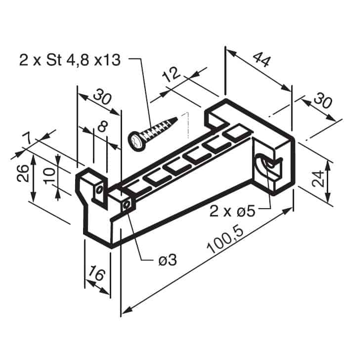 Staffa supporto Mingardi per attuatore Micro 02, applicazione finestra Vasistas, ingombro 100,5x44x24 mm Must-Have
