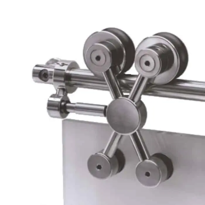 Koblenz Exterus con carrello a X, per porta in vetro anta singola e doppia, finitura Nichelato Satinato Express Levering
