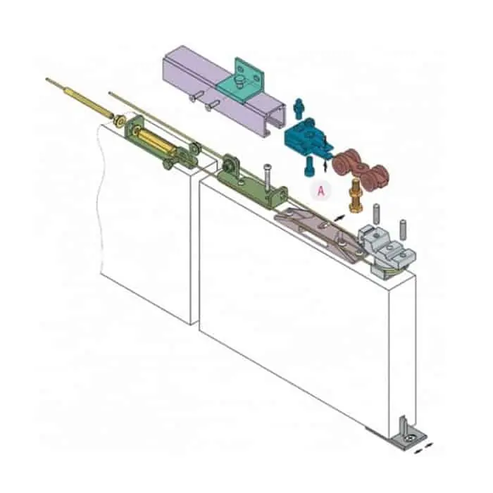 Guarnitura scorrevole 2 ante 0550 1 Koblenz per porte da interni, staffe e fermi a pinza registrabile, apertura simultanea, portata 60 Kg, Zama finitura Zincato Laatste Versie