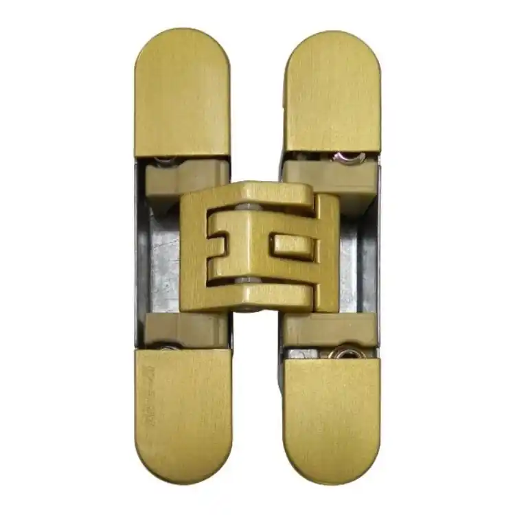 Cerniera a scomparsa K6400 Kubica Kubicenter Koblenz, per porte filo muro, dimensione 105x22 mm, regolabile su 3 assi, portata 30 kg, Zama e Plastica finitura Oro Satinato Bestel Nu