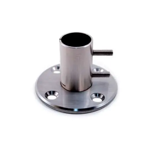 Piastra di ancoraggio con quattro fori svasati per corrimani IAMDesign, per tubo tondo da 42,4 mm diametro, perimetro bisellato, in acciaio inox, finitura Satinata Betaalbaar