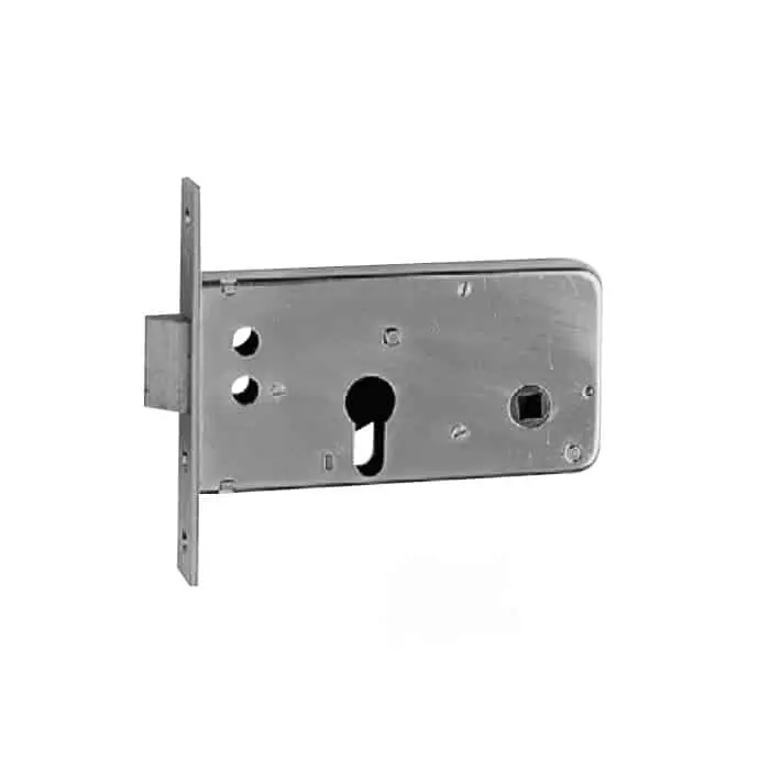 Serratura ISEO per fascia, chiusura laterale con cilindro a profilo europeo, scatola e frontale 22x3 mm zincati, entrata 60 mm Korting