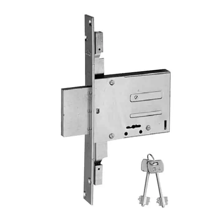 Serratura ISEO per inferriata e porta in ferro, chiusura triplice, raccordo per aggancio aste M8, frontale 25x3 mm, entrata 60 mm, scatola zincata Must-Have